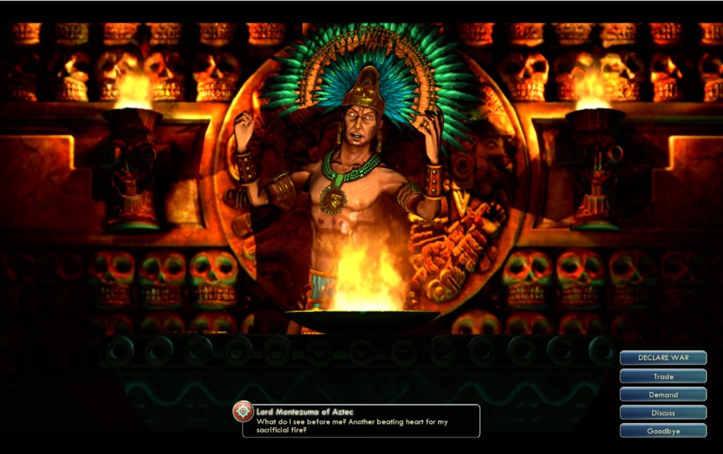 Meeting my neighbor Montezuma, the Aztec leader in Civilization V. The Civilization games have plenty of complex game mechanics, but the types of "diplomacy" possible with the AIs in the game are, obviously, severely constrained. As a result, this aspect of play can become extremely "game-able" with predictable results. By contrast, multiplayer "Civ" (with multiple humans to play against) delivers a vastly different "diplomacy" experience, if you’re patient enough to try it.