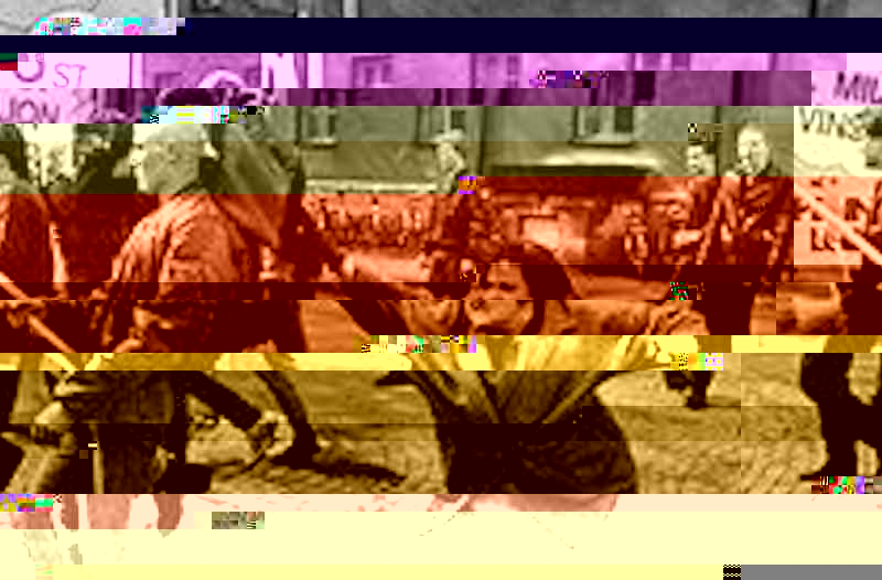 glitched woman hitting neo-nazi with handbag