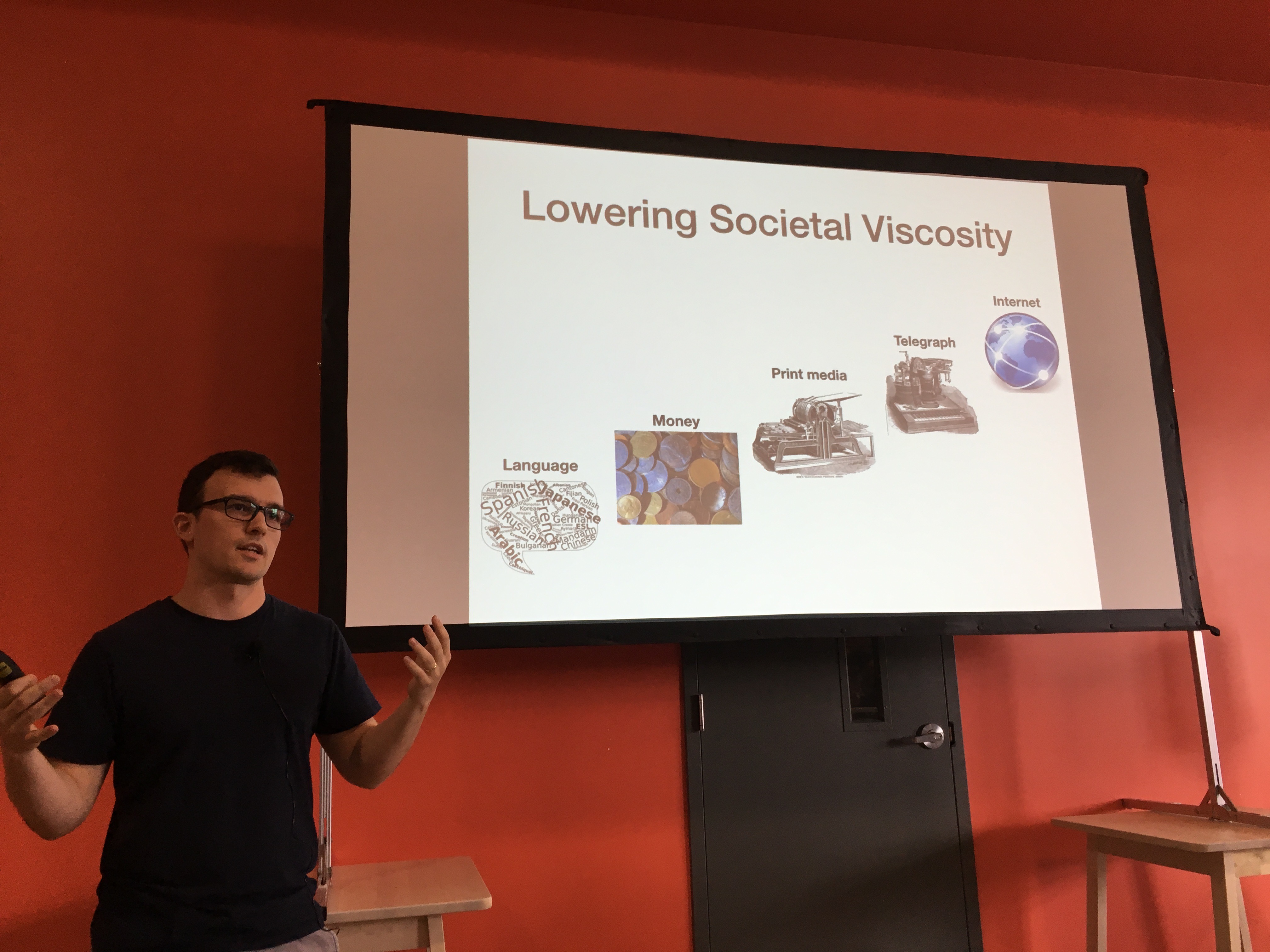 Refactor Camp 2018, speaker presenting Lowering Societal Viscosity talk