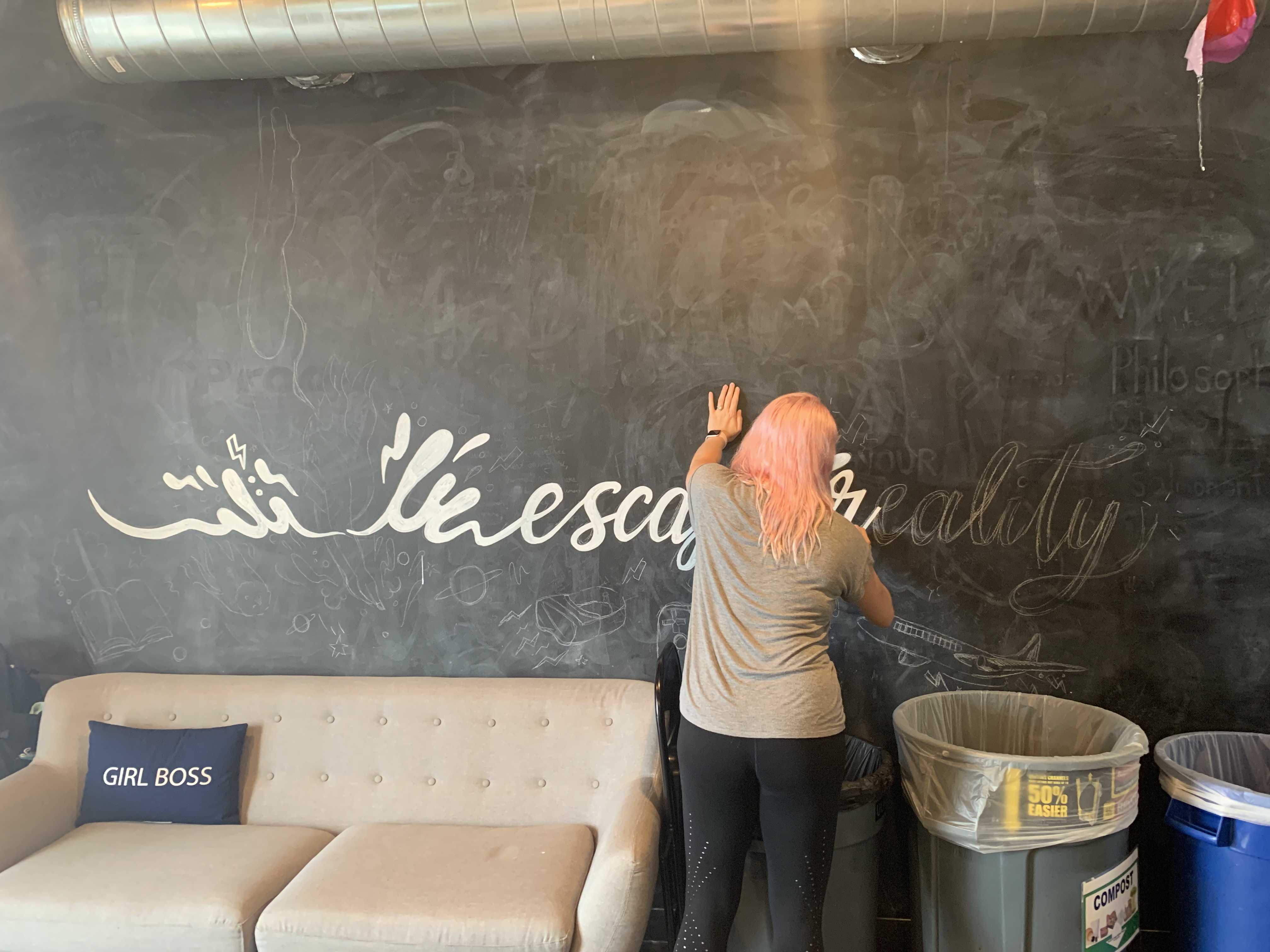 Refactor Camp 2019, Gracie Wilson drawing the escape reality chalk mural